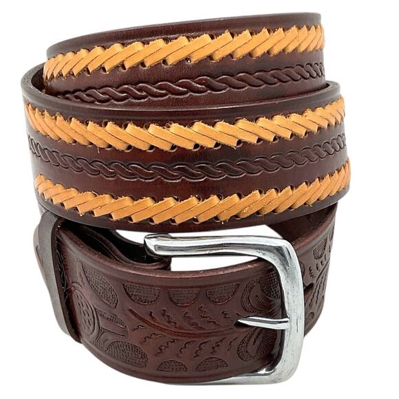 Brown Leather Mens 36 Western Belt Tan Dk Brown Stitching Southwest Rodeo Cowboy - Picture 2 of 6